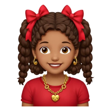 Brownskin girl dark brown hair fluffy. pigtails with red bows brown eyes smiling closed mouth red shirt gold esrrings gold necklace sticker