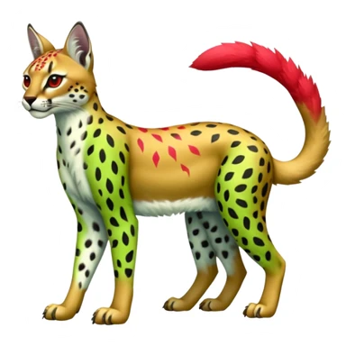 Colorful tropical exotic fruity kiwi-green lemony rosy neon-red Caracal-Cheetah-Serval-Snow-Leopard-Trico-Sergal-Vernid-fusion-hybrid-animal-creature, full body, with tribal markings sticker