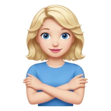 Girl Blonde short wavy hair,  blue eyes, cute blue top, long lashes, pink lips, smiling, making cross arms with arms  sticker