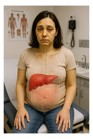 a woman in her 30s sits on a doctor’s examination table, her skin slightly yellowish (jaundice) and her expression tired. A transparent anatomical overlay highlights her liver, which appears enlarged and inflamed with a reddish, congested look. Subtle visual cues—such as dark circles under her eyes and a bloated abdomen—emphasize the symptoms of liver overload and toxicity. The background is a clinical setting, with medical charts and equipment. sticker