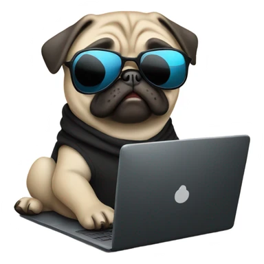 Pug wearing a black hoodie and using a laptop and wearing sunglasses sticker
