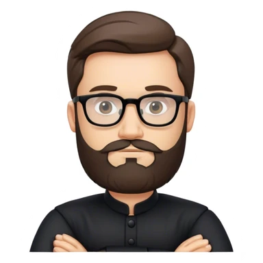 Emoji of a bearded man with glasses, wearing a black traditional outfit, arms crossed, confident expression, smooth and cartoon-like with a transparent background. sticker