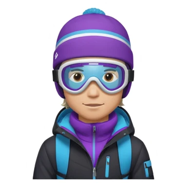 male Pro Snowboarder with white and grey beanie, ONE pair of purple and blue frameless goggles on and a black jacket sticker