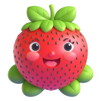 super cute 3D anthropomorphic strawberry character, round chubby face, big sparkling eyes, soft pink and red tones, green strawberry leaves as hair, tiny strawberry seeds on face, expressive facial emotions, kawaii Japanese style sticker