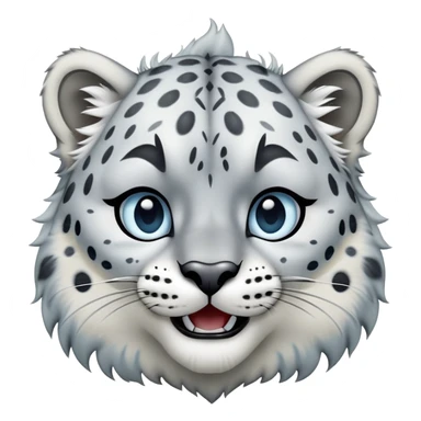 Cinematic-Comical-Snow-Leopard-Portrait-Emoji – Head tilted dramatically with an exaggeratedly amused expression, featuring a thick, spotted white-and-grey coat with a dense ruff around the neck, wide, piercing icy blue eyes filled with playful disbelief. sticker