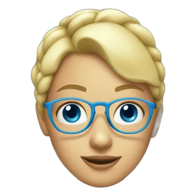 blonde girl with two pigtails. blue eyes. blue top. fluorescent glasses sticker