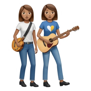 based on emoji style, like this "💁🏻‍♀️" "💁🏽‍♂️" "💁🏻", two people walking together. one is brown-haired woman, wearing business casual, holding a guitar. Another one is a non-binary person, wearing t shirt and jeans, and this person doesn't have anything on their hands. they are walking together. sticker