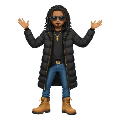 African American man brown skin complexion with black dreadlocks shoulder length wearing black bubble winter coat wearing black sunglasses with denim skinny jeans and timberland boots with hand raised sticker