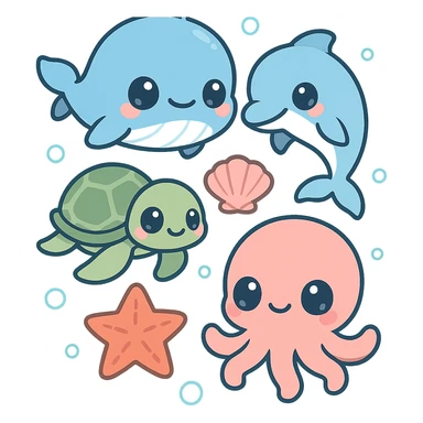super kawaii soft pastel summer sea theme featuring cute chibi baby whale, dolphin, sea turtle, octopus, starfish, and seashells with floating bubbles, gentle flat illustration style, soft gradient aqua blue background, big sparkling eyes, minimal clean layout, soft shadows, high quality, PNG, transparent background, 9:16 aspect ratio sticker