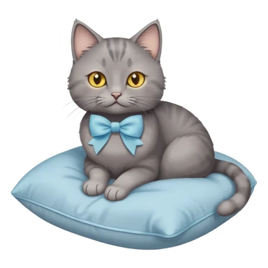A grey cat with yellow eyes and a light blue bow sits on a beige pillow



 sticker