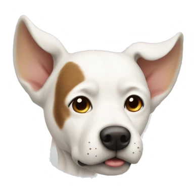 a white dog with coverd ears and beig e ears sticker