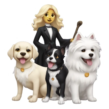 Witch with black hair and three dogs.  One short white fur, one with curly blond fur and a big black dog with white tuxedo  sticker