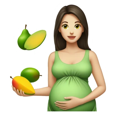 A brunette lady with green eyes pregnant with a mango sticker