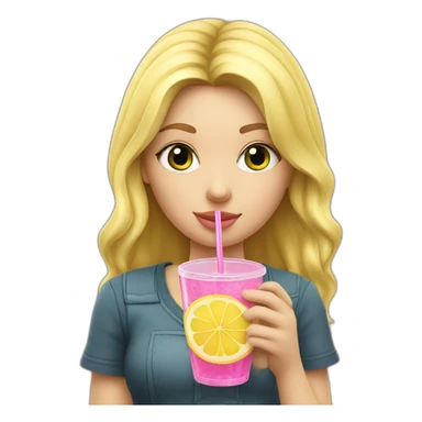 blonde girl straw drinking pink lemonade with one green lemon in the cup, with black watch sticker