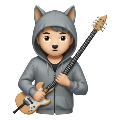 Wolf Cut boy wearing hoodie with a katana on his back and a guitar behind him sticker