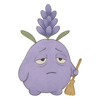 chubby lavender-colored lavender flower character with droopy eyes and a tired face, holding a tiny broom, soft Ghibli style sticker