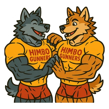 two super buff wolf furries in matching 'Himbo gunners' t-shirts, touching and admiring each other's muscles, happy and confident, exaggerated muscle definition, detailed fur and anatomy, ultra high quality sticker