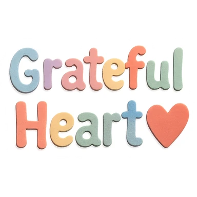 Cute hand-drawn font "Grateful Heart" in soft pastel rainbow soft puffy lettering, no outline, transparent background sticker