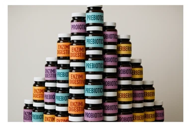 montagna di barattoli di integratori tipo "ENZIMI DIGESTIVI", "PREBIOTICI", "PROBIOTICI", "BERBERINA" con etichette in italiano sticker