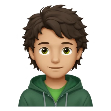 a 14 year old slightly tanned teenage boy with dark brown tousled wavy hair, dark brown eyes wearing a green tshirt, with a dark green hoodie overcoat. smirking. full body sticker