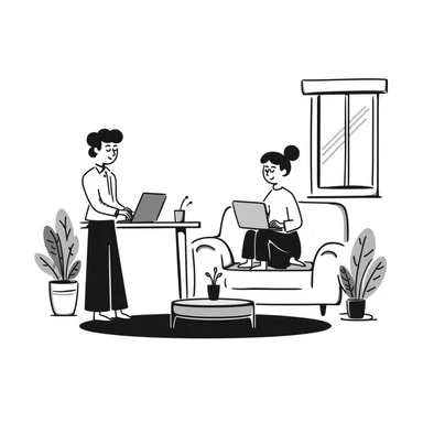 escenary 3d of a cozy mid-century living room with two people working on laptops, one man standing at a desk, and one woman sitting on a couch sticker