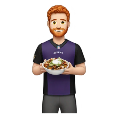 a red-haired young man wearing a ravens jersey and eating a chipotle burrito bowl sticker