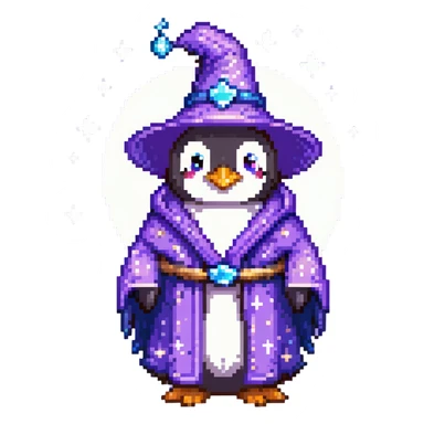 Penguin wizard with purple robe and blue magical sparkles sticker