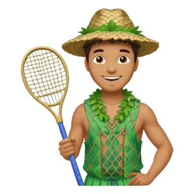 Hawaiian man with leaf hat and big net racket and colorful cloth sticker