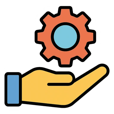 hand holding a cog icon with color and black outlines sticker