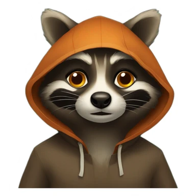 brown raccoon with orange eyes and a dark green hood that is sad sticker