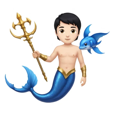 boy, black hair, brown eyes, white skin, Triton, with Triton in hand and blue Triton tail on the side. sticker
