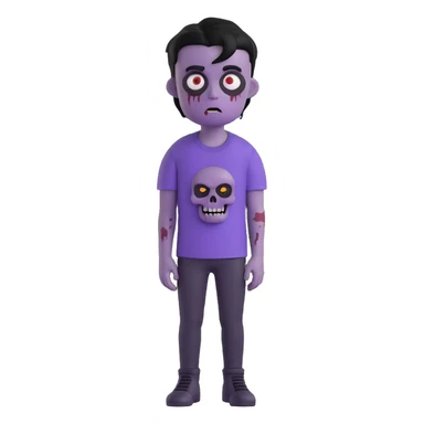 zombie boy with black emo hair and purple shirt, 3D emoji style sticker