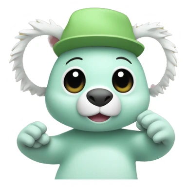 A mint-colored Fall Guys character wearing a beige koala hat on his head waves his hand. sticker