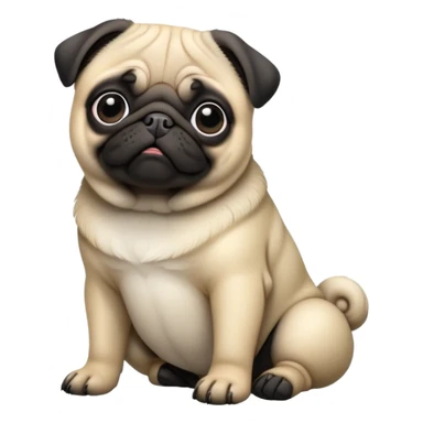 cinematic-[pug]-realistic-full-body-sitting-emoji,-tail-resting-loosely-beside-its-paws,-head-tilted-dramatically, -sleek-[black]-fur,-simplified-yet-realistic-focused-features,-highly-detailed,-glowing-with-an-almost-sarcastic-glow sticker