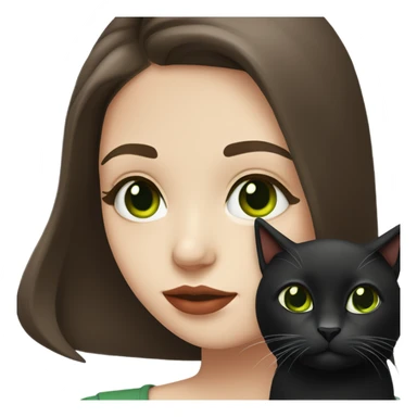 A teenage girl with white skin, she have some green hazel eyes, red lipstick, mid long straight dark brown hair, she have an eyeliner and she is holding a black cat in her arms, view from close sticker