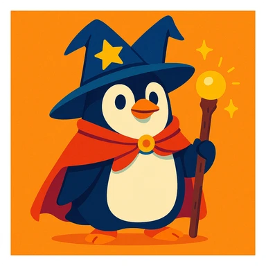 a penguin dressed as a wizard, with a pointy hat and a magic staff, in a fun and whimsical style, vibrant toon illustration sticker