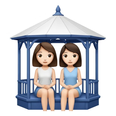 Two small brunette women sitting inside a large white gazebo sticker