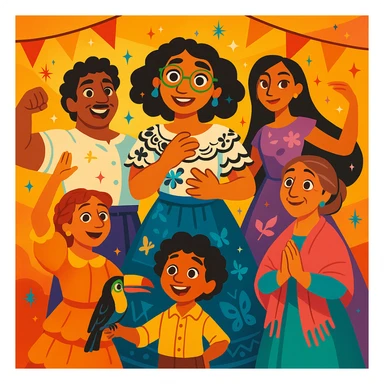 Madrigal family from Encanto, whimsical illustration, each character in a dynamic pose, magical sparkles, festive atmosphere sticker