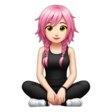 Full body Front view curvy emo girl pink hair sits on the floor straight view hands up black skirt белые трусики полосатые рваные чулки sticker