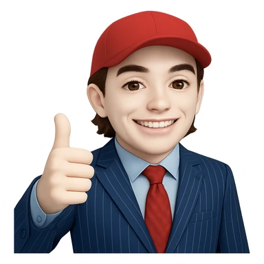 Change the skin tone to white. Maintain the 60% realistic emoji style of a smiling man in a pinstripe suit and red cap, giving a thumbs up. Transparent background. sticker