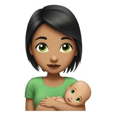 Girl with black hair and green eyes holding baby  sticker