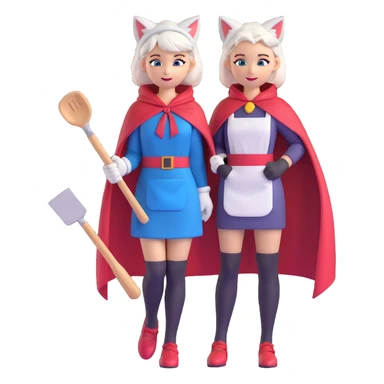 character with cat ears and tail, white hair, blue eyes, wearing a red hood and cape, yellow scarf, white apron, pink dress, brown gloves, black stockings, red shoes, holding a metal spatula, confident and lively expression sticker
