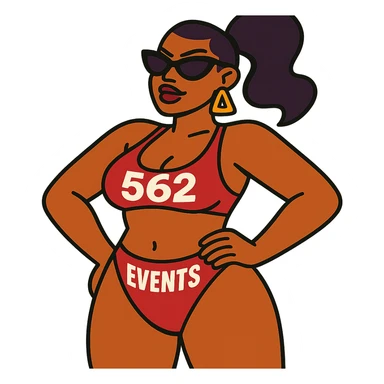 confident baddie character in a bikini with the words '562 Events' clearly displayed on the bikini, fun and bold style sticker