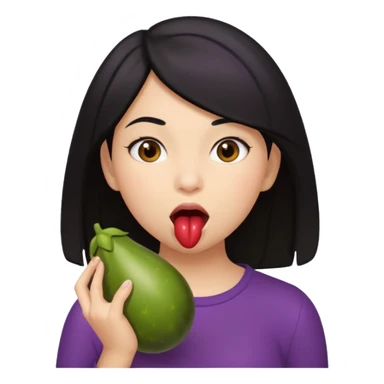 Black haired girl holding eggplant near mouth pretending to bite it sticker