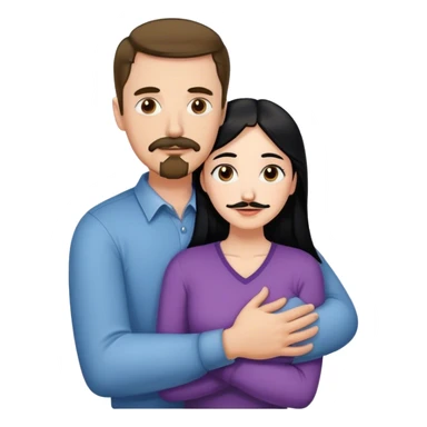 Tall white man with brown mustache and goatee hugging a short pale woman with long black hair sticker