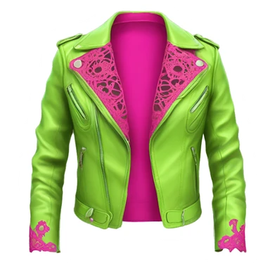 Realistic isolated side view of an open lime green fashion leather jacket with hot pink lace. sticker