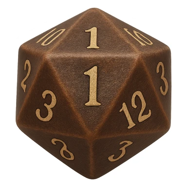 Rotate the D20 dice so the side facing the viewer shows the number 1. Maintain the detailed, classic tabletop gaming style with realistic texture and intricate numbers. No background. sticker