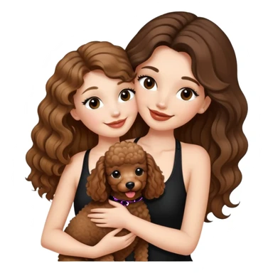 girl with long balayage hair and long lashes, smiling, wearing black halterneck top, and holding and kissing a brown poodle sticker