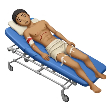 
a man of oriental appearance, dressed in torn clothes, full-length, unconscious, in a prone position, with injuries on a medical stretcher, 1980 sticker