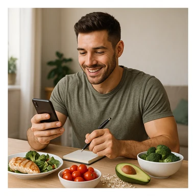 realistic illustration of a man counting his macronutrients as a lifestyle: the man is sitting at a table with healthy food, holding a smartphone or a notebook to note macronutrients, positive and modern atmosphere, healthy lifestyle sticker